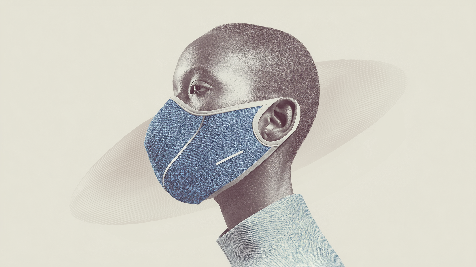 A wearable face mask device rendered on a sculpted head