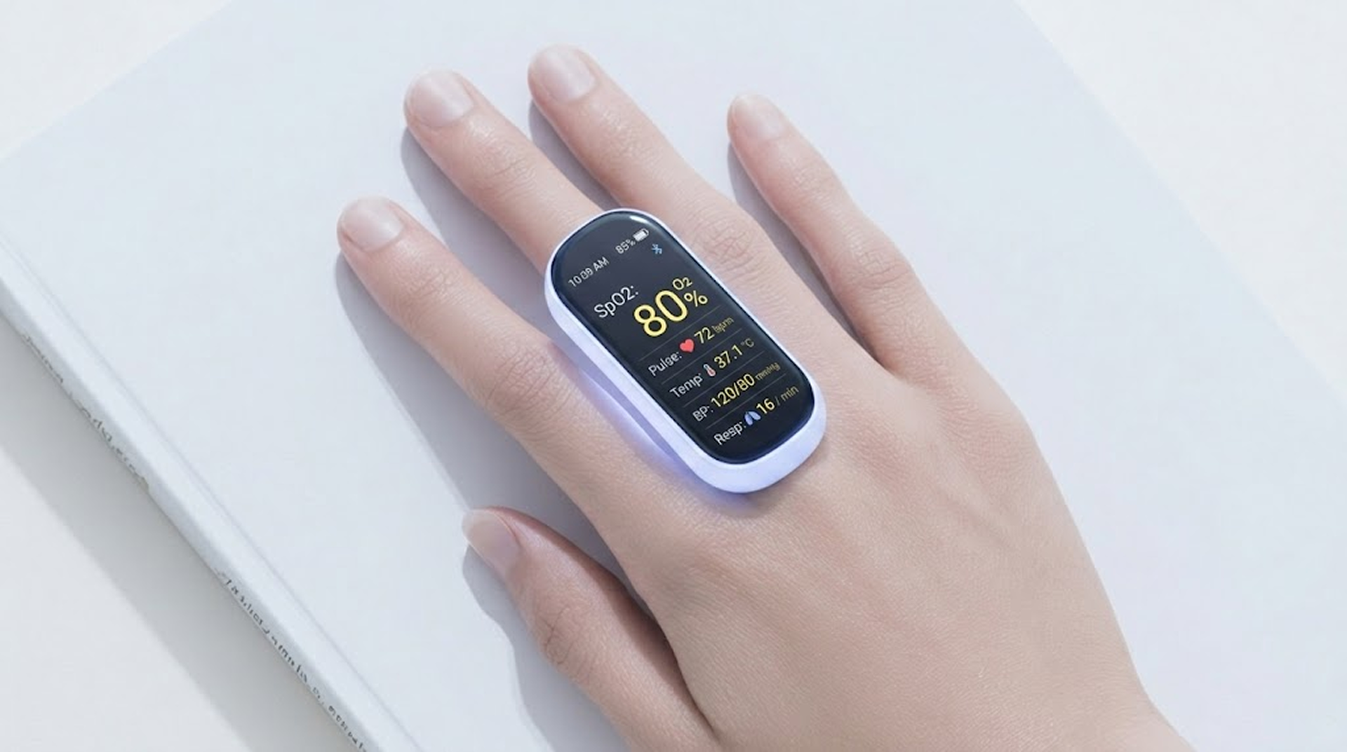 A finger-worn monitor with a colour display
